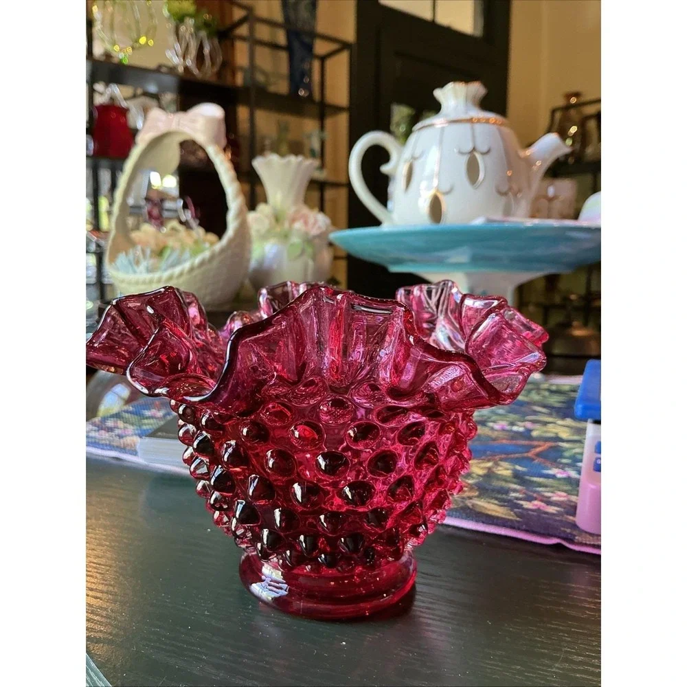 Vintage Fenton Cranberry Pink Hobnail 6.5